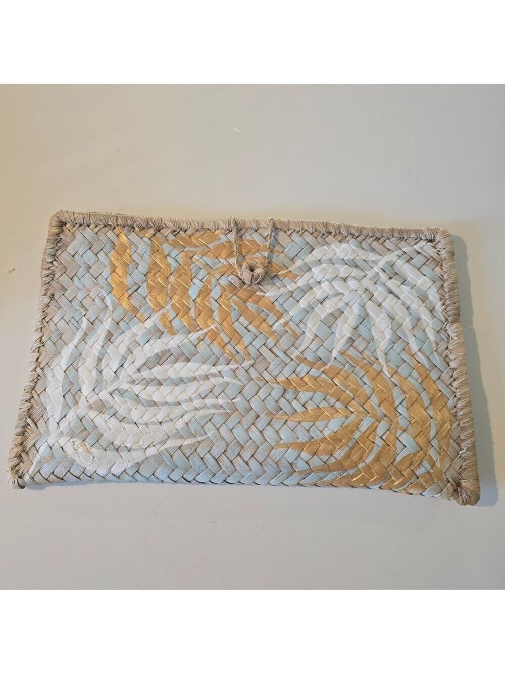 Woven Straw Clutch with Blue and Gold Pattern